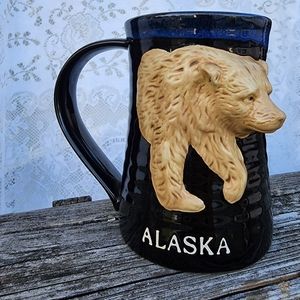 Large glazed pottery stoneware mug with bear 3d sculpture, Alaska